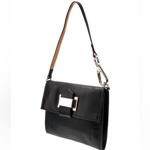 vintage 90s designer Black Leather Shoulder Bag with Gold Hardware